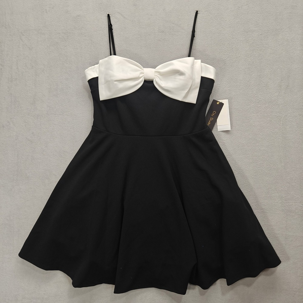 Black White Bow Babydoll Mini Dress 11/12‎ Event NYE Glam Cocktail LBD Statement